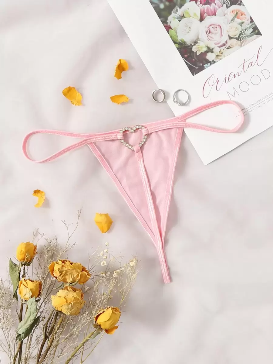 Rhinestone Heart Ring Linked Mesh Thong Lingerie For Rave - Baby Pink - View 1