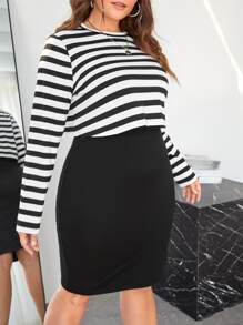 SHEIN LUNE Plus Striped Tee & Tank Dress - Black - View 4