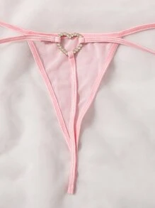 Rhinestone Heart Ring Linked Mesh Thong Lingerie For Rave - Baby Pink - View 5