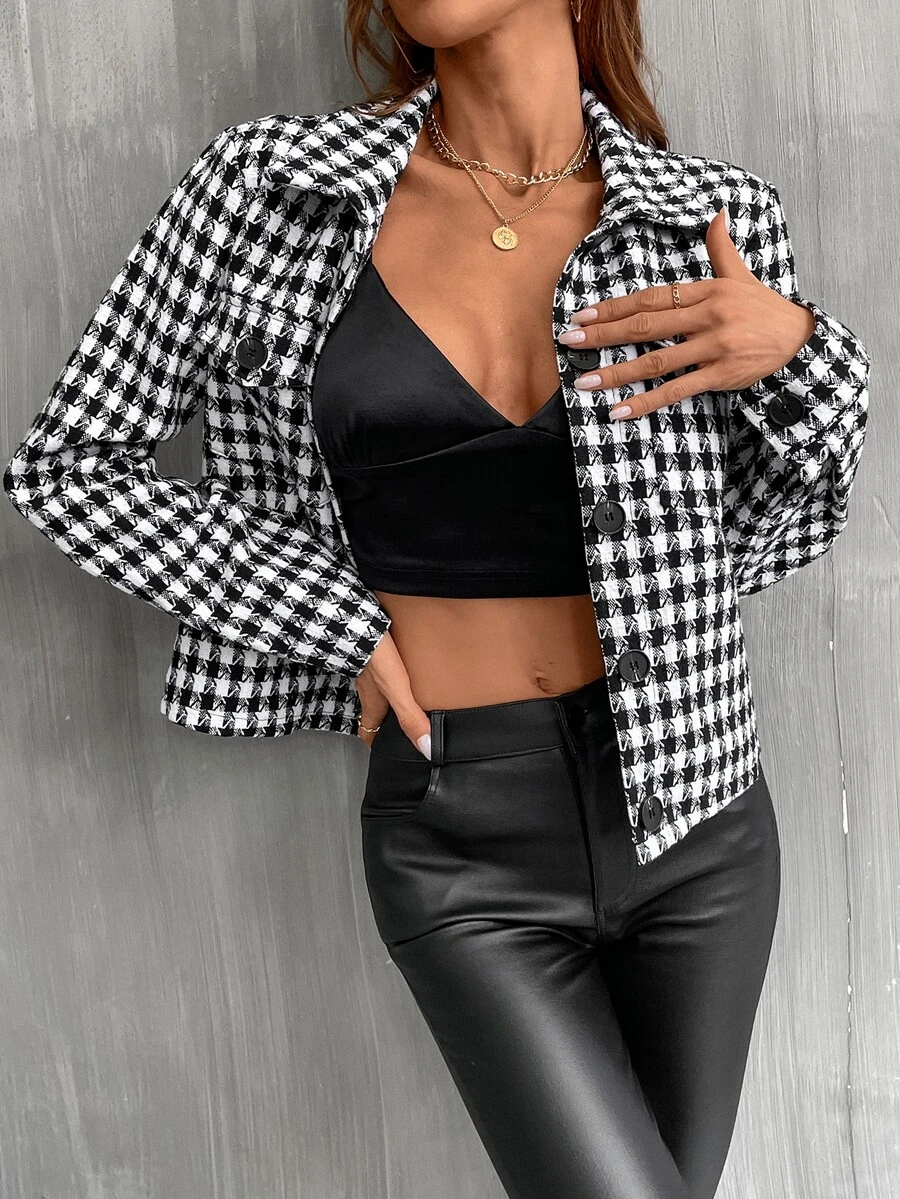 Cazadora con estampado de pata de gallo con botón delantero - Blanco y Negro - Ver 1