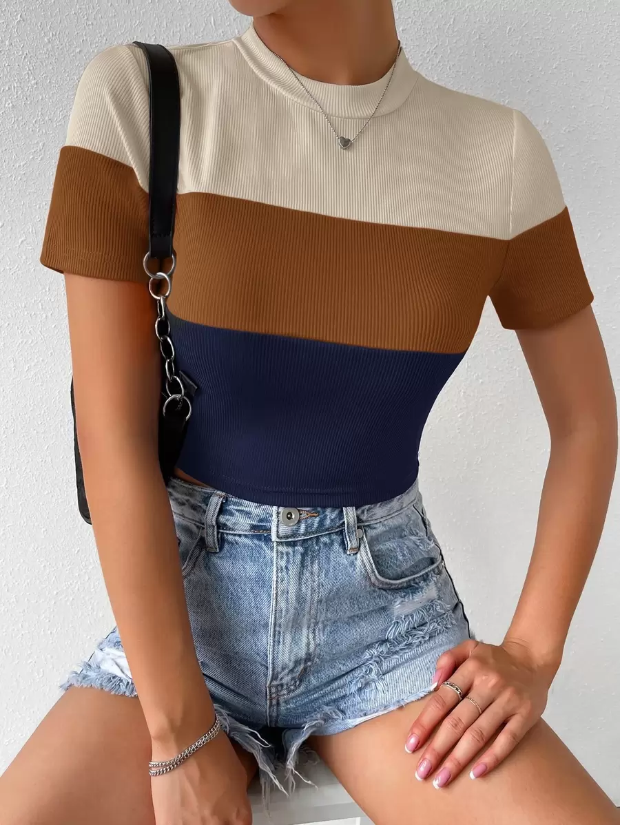 SHEIN Essnce Colour Block Mock Neck Rib Knit Tee - Multicolor - View 1