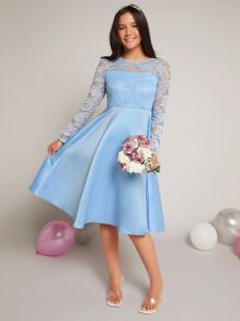 SHEIN Chica adolescente Vestido de dama de honor junior en contraste con encaje floral - Celeste - Ver 3