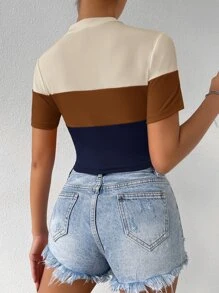 SHEIN Essnce Colour Block Mock Neck Rib Knit Tee - Multicolor - View 2