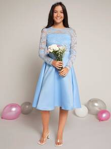 SHEIN Chica adolescente Vestido de dama de honor junior en contraste con encaje floral - Celeste - Ver 4
