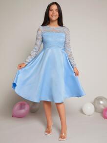 SHEIN Chica adolescente Vestido de dama de honor junior en contraste con encaje floral - Celeste - Ver 1
