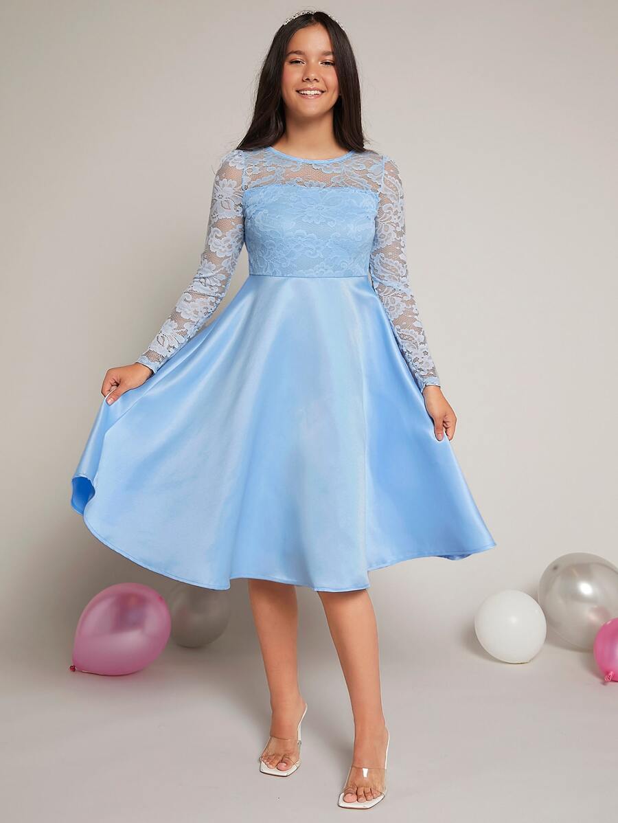 SHEIN Chica adolescente Vestido de dama de honor junior en contraste con encaje floral - Celeste - Ver 1