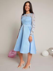 SHEIN Chica adolescente Vestido de dama de honor junior en contraste con encaje floral - Celeste - Ver 5