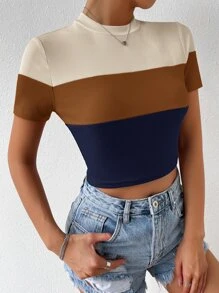 SHEIN Essnce Colour Block Mock Neck Rib Knit Tee - Multicolor - View 6