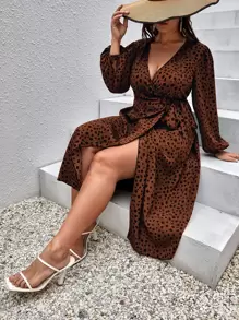 SHEIN LUNE Plus Dalmatian Print Lantern Sleeve Wrap Knot Side Dress - Brown - View 1