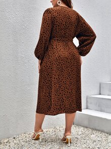 SHEIN LUNE Plus Dalmatian Print Lantern Sleeve Wrap Knot Side Dress - Brown - View 2