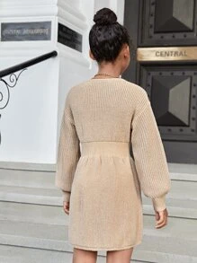 SHEIN Girls Drop Shoulder Jumper Dress - Apricot - View 2