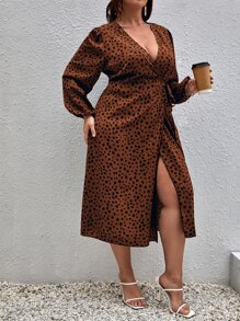 SHEIN LUNE Plus Dalmatian Print Lantern Sleeve Wrap Knot Side Dress - Brown - View 5