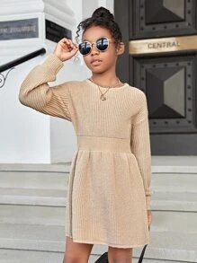 SHEIN Girls Drop Shoulder Jumper Dress - Apricot - View 5