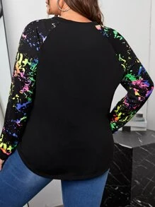 SHEIN LUNE 大碼潑墨圖案插肩袖T恤 - 黑色 - 查看 2