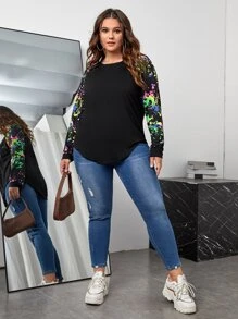 SHEIN LUNE 大碼潑墨圖案插肩袖T恤 - 黑色 - 查看 3