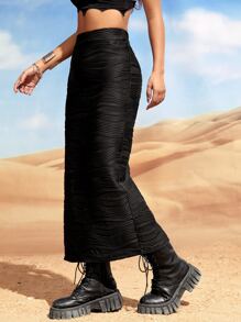 SHEIN EZwear 时尚纯色纹理面料开衩裙 - 黑色 - 查看 3