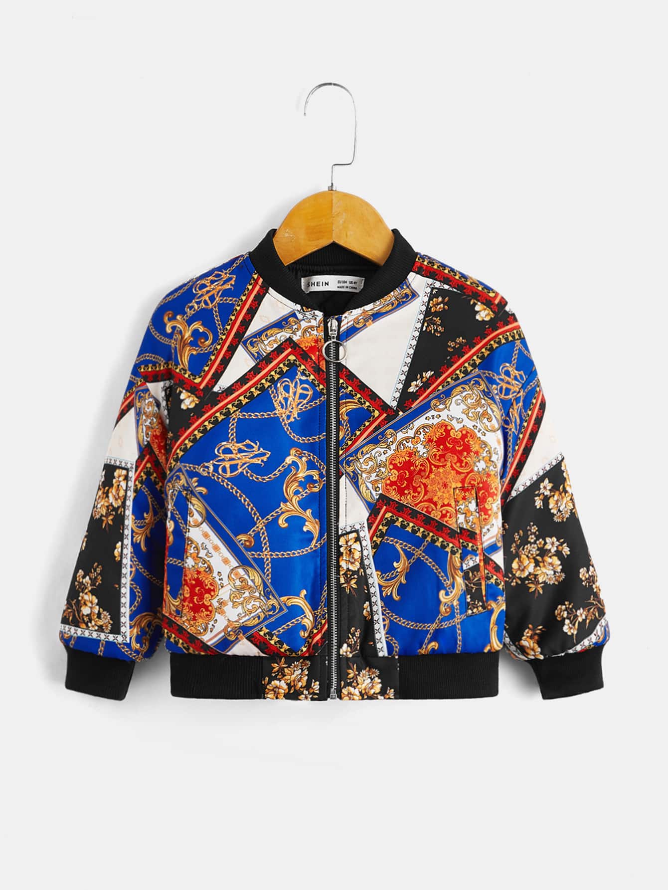 SHEIN Toddler Girls Baroque Print Bomber Jacket - Multicolor - View 1