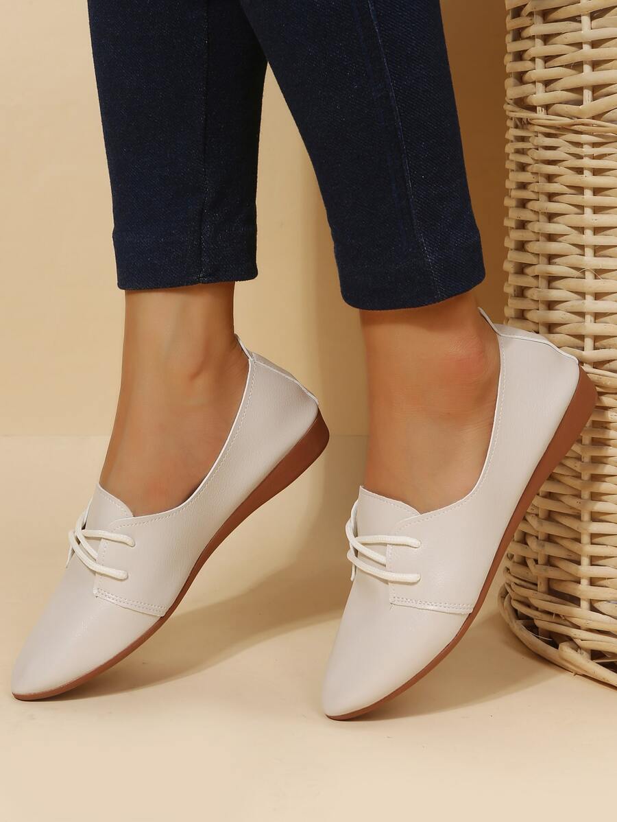 Lace-up Front Flat Oxfords - Beige - View 1