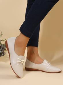 Lace-up Front Flat Oxfords - Beige - View 2