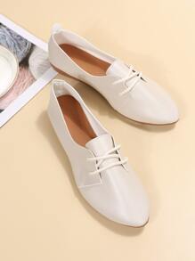 Lace-up Front Flat Oxfords - Beige - View 5