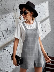 SHEIN Essnce Glen Plaid Overall Romper Without Tee - Black and White - View 3