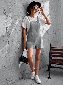 SHEIN Essnce Glen Plaid Overall Romper Without Tee - Black and White - View 4