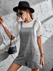 SHEIN Essnce Glen Plaid Overall Romper Without Tee - Black and White - View 5