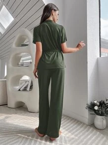 Contrast Lace Belted PJ Set / Pajama Set Lounge Set - Army Green - View 2