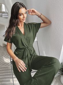 Contrast Lace Belted PJ Set / Pajama Set Lounge Set - Army Green - View 3