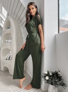 Contrast Lace Belted PJ Set / Pajama Set Lounge Set - Army Green - View 5