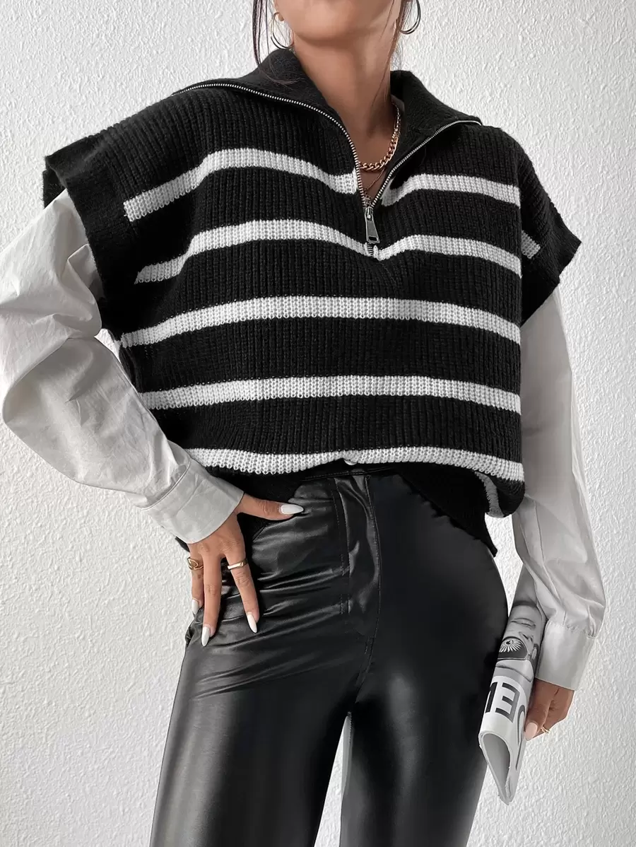 SHEIN LUNE 1pc Striped Pattern Zipper Front Sweater Vest - Black and White - View 1