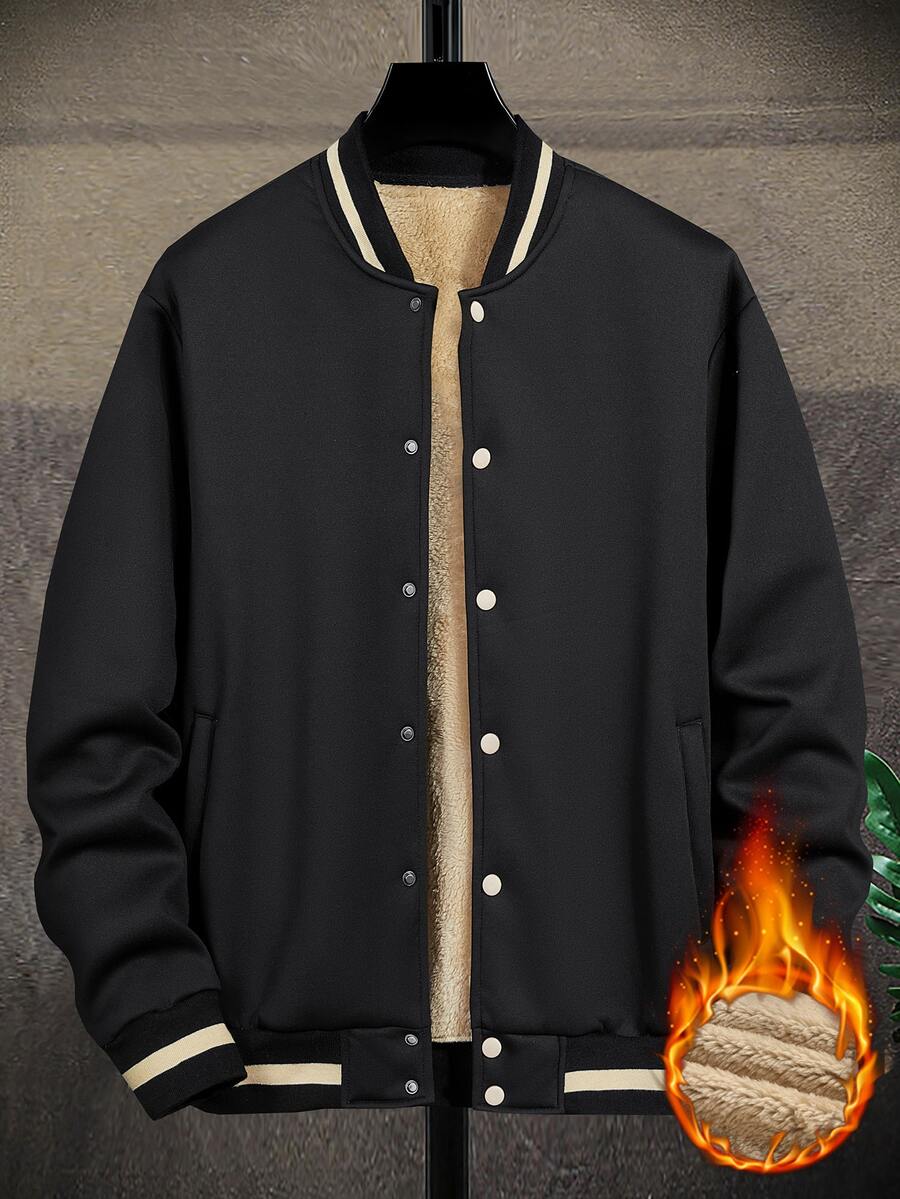 Manfinity Men Slant Pockets Teddy Lined Bomber Jacket Without Tee - Black - View 1