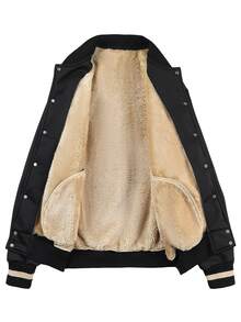 Manfinity Men Slant Pockets Teddy Lined Bomber Jacket Without Tee - Black - View 3