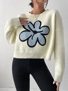 SHEIN Unity Floral Pattern Drop Shoulder Sweater Knit Pullover Fall Winter - White - View 2