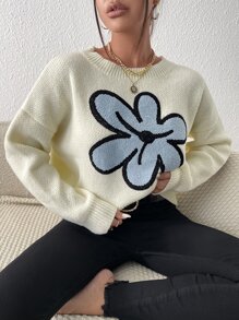 SHEIN Unity Floral Pattern Drop Shoulder Sweater Knit Pullover Fall Winter - White - View 3