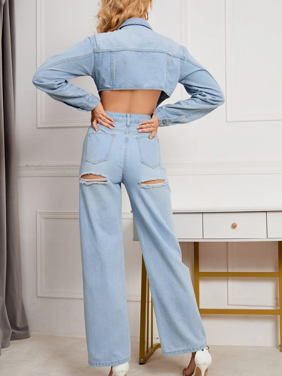 Ripped Cut Out Denim Jumpsuit - Light Wash - View 1