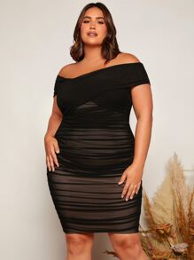 SHEIN Belle Talla grande Vestido de hombros descubiertos fruncido - Negro - Ver 3