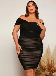 SHEIN Belle Talla grande Vestido de hombros descubiertos fruncido - Negro - Ver 4