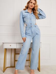 Ripped Cut Out Denim Jumpsuit - Light Wash - View 6