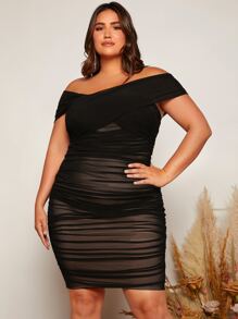 SHEIN Belle Talla grande Vestido de hombros descubiertos fruncido - Negro - Ver 6