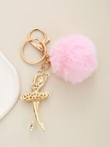水鑽裝飾人像和絨球墜飾鑰匙圈 - 粉色 - 查看 2