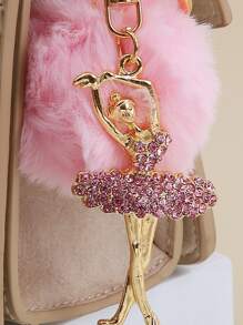 水鑽裝飾人像和絨球墜飾鑰匙圈 - 粉色 - 查看 3