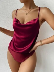 Allurite 前垂褶緞面吊帶連體衣 - 酒紅色 - 查看 6