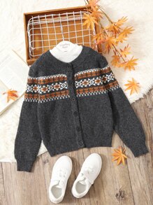 SHEIN Niños 1 pieza Cárdigan con patrón geométrico - Gris Oscuro - Ver 1