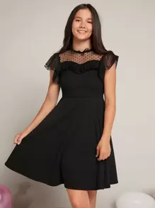 SHEIN Teen Girls Dobby Mesh Insert Dress - Black - View 1