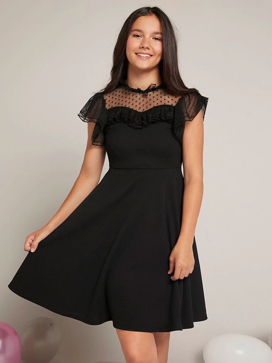 SHEIN Teen Girls Dobby Mesh Insert Dress - Black - View 1
