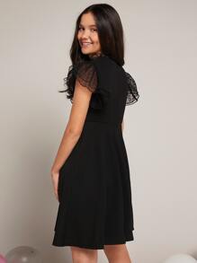 SHEIN Teen Girls Dobby Mesh Insert Dress - Black - View 2