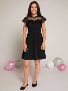 SHEIN Teen Girls Dobby Mesh Insert Dress - Black - View 3