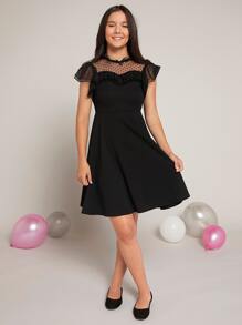 SHEIN Teen Girls Dobby Mesh Insert Dress - Black - View 4