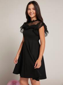 SHEIN Teen Girls Dobby Mesh Insert Dress - Black - View 5